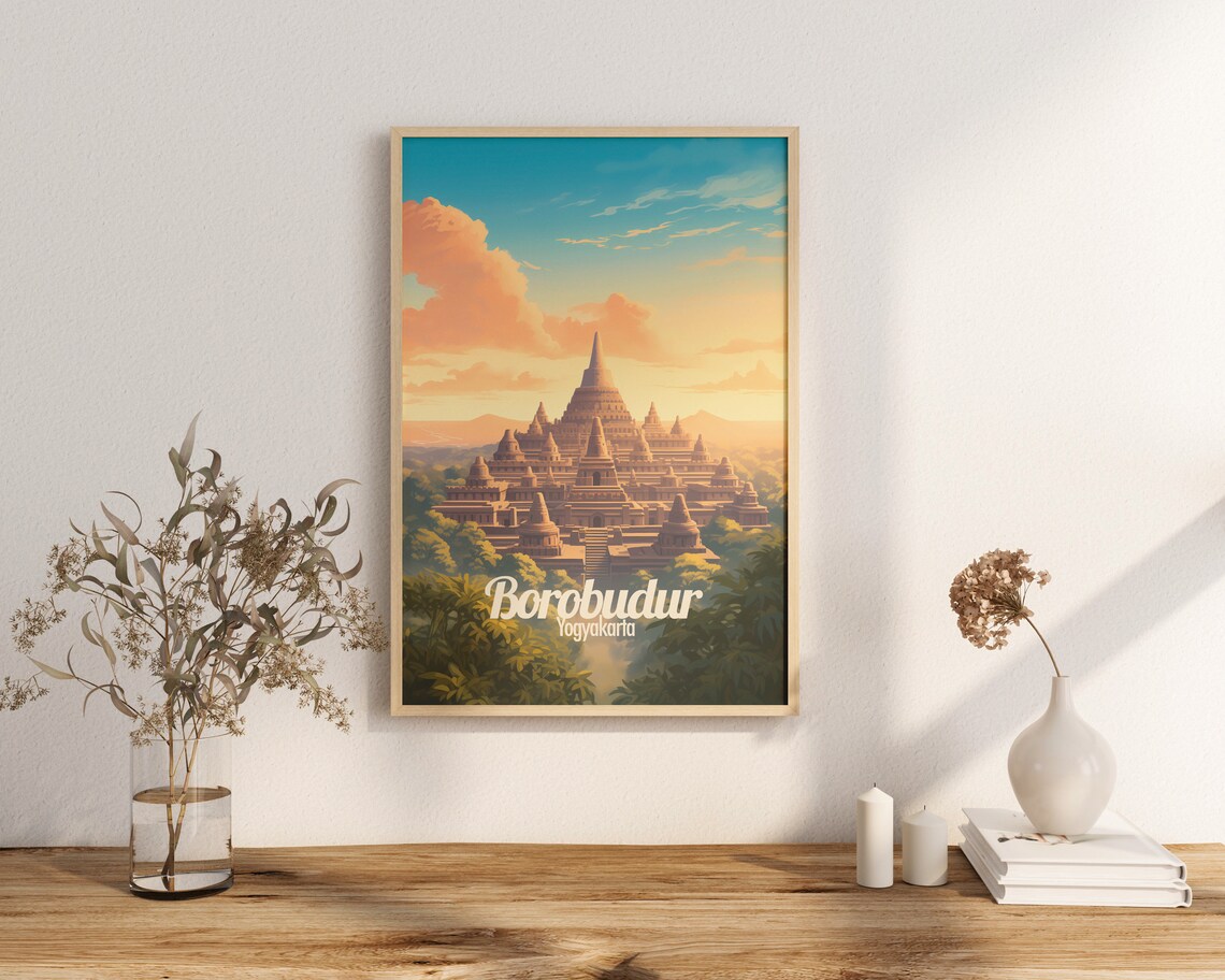 Borobudur Temple Yogyakarta Sunrise Landmark Vintage Travel Poster