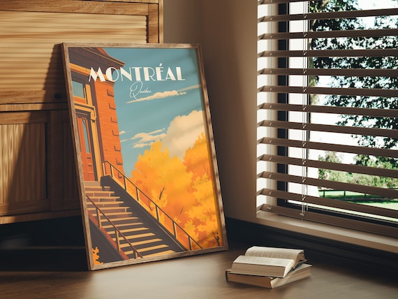 Montreal Quebec Vintage Autumn City Staircase Travel Art Poster