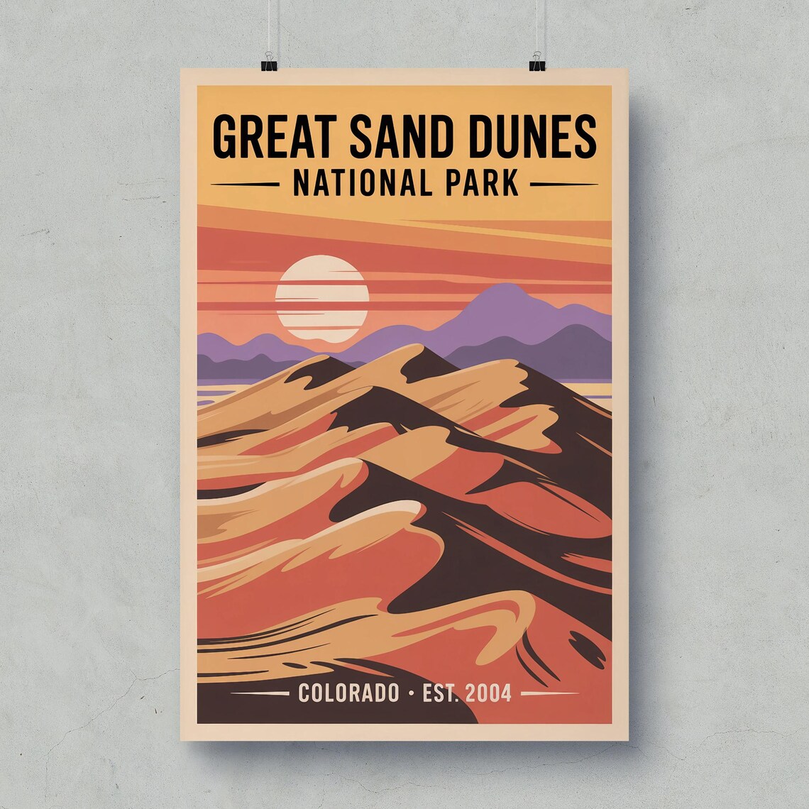 Great Sand Dunes National Park Vintage Travel Poster Desert Sunset Art