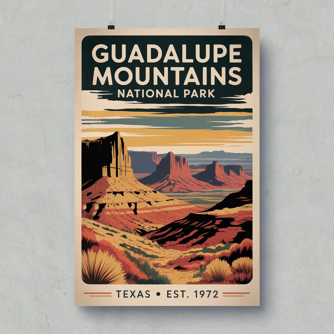 Guadalupe Mountains National Park Vintage Texas Desert Travel Poster
