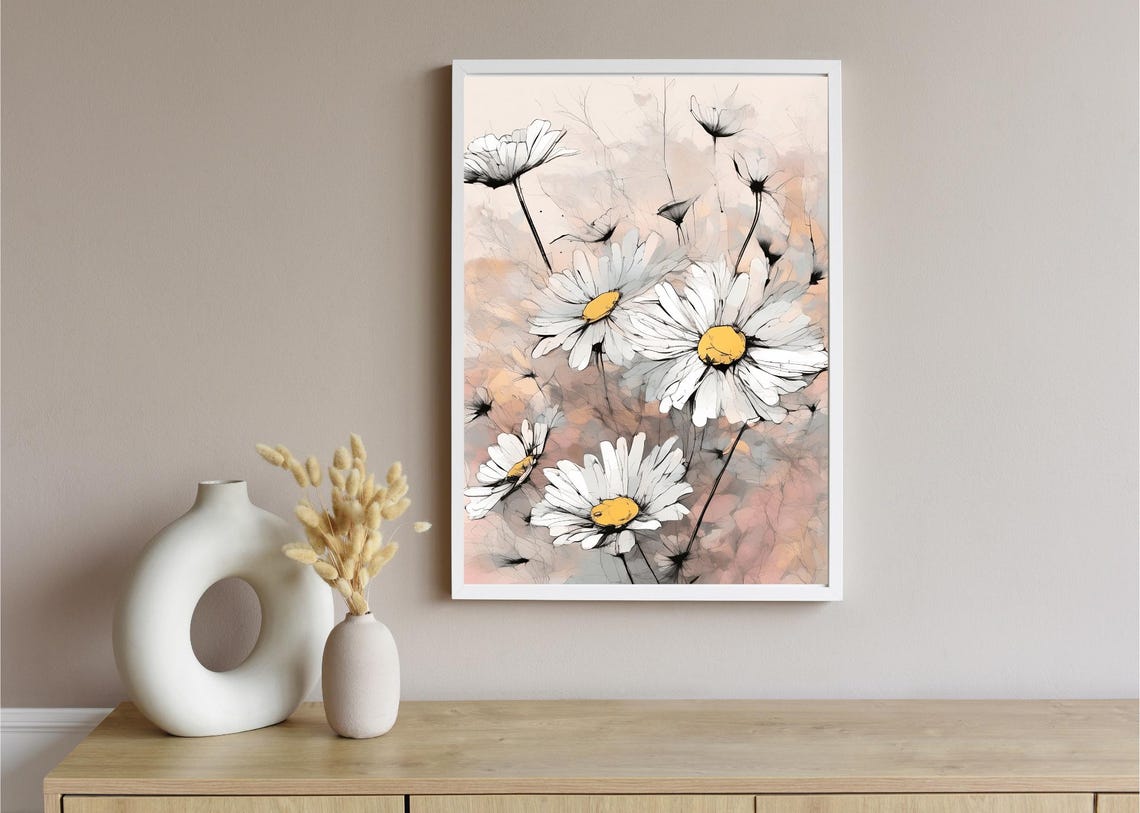 White Daisies Line Art Pink Watercolor Floral Spring Wall Art Print - Image 4
