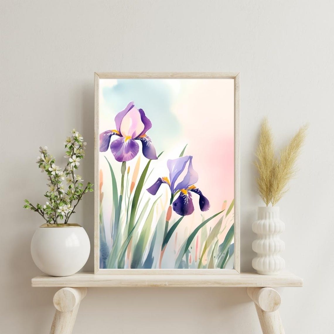 Purple Iris Flowers Watercolor Pastel Botanical Elegant Wall Art Print