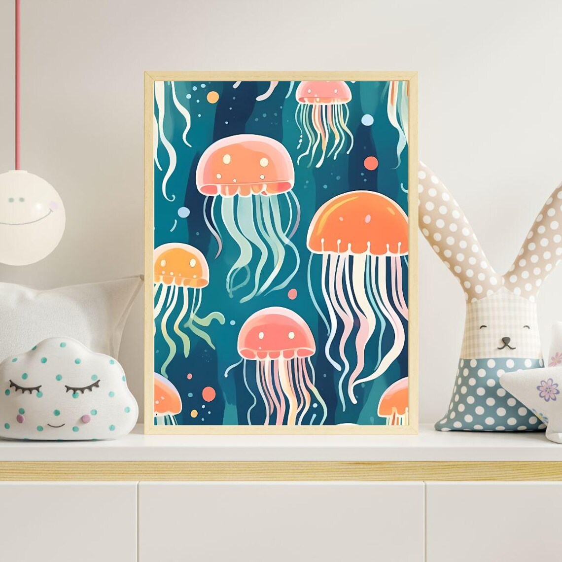 Cute Jellyfish Ocean Kids Room Nautical Underwater Sea Wall Art Print - Image 3