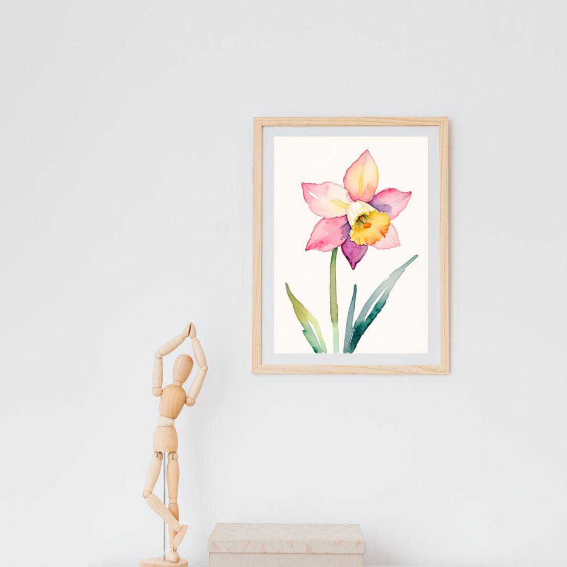 Pink Daffodil Watercolor Single Bloom Spring Minimalist Wall Art Print - Image 5