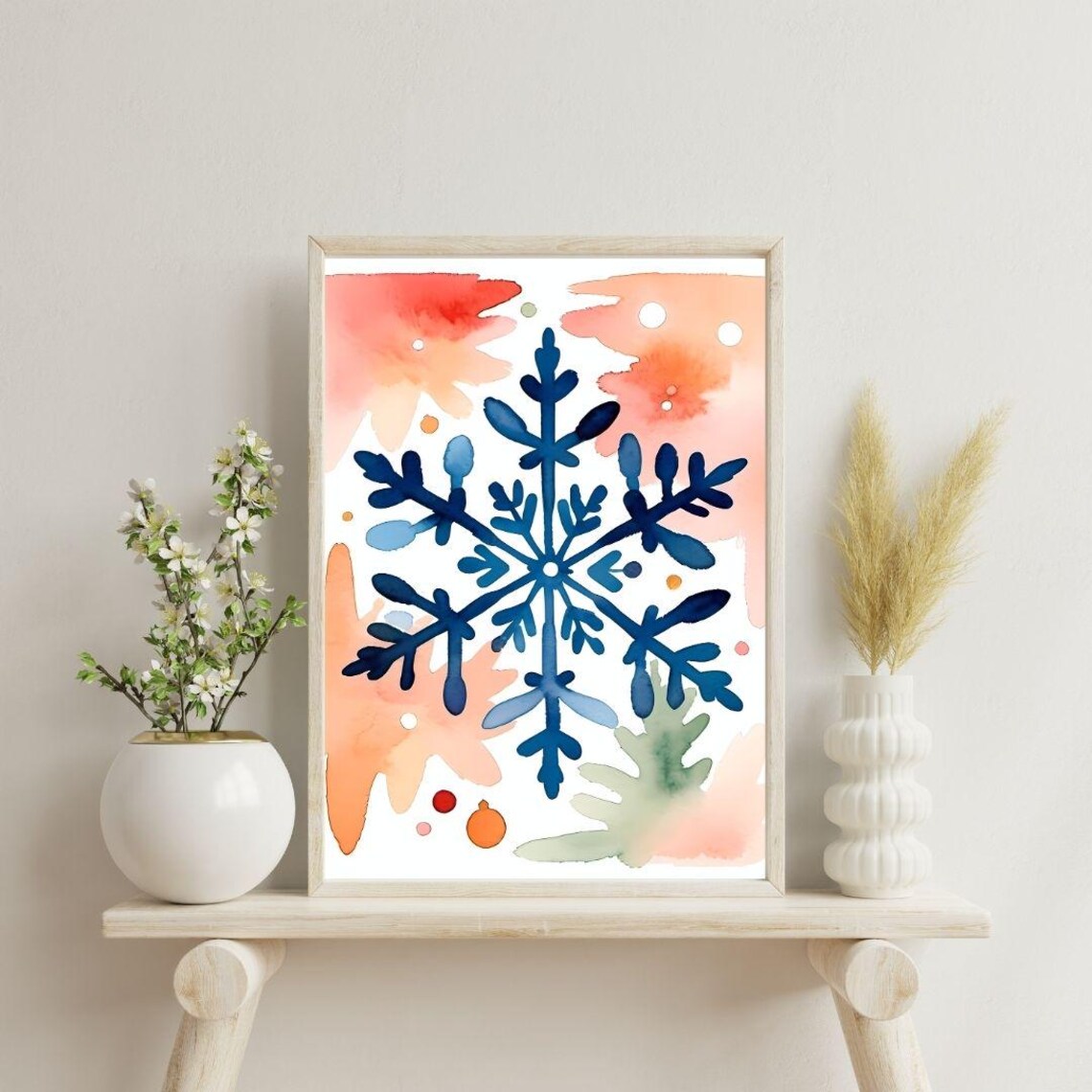 Navy Snowflake Watercolor Coral Background Christmas Holiday Wall Art