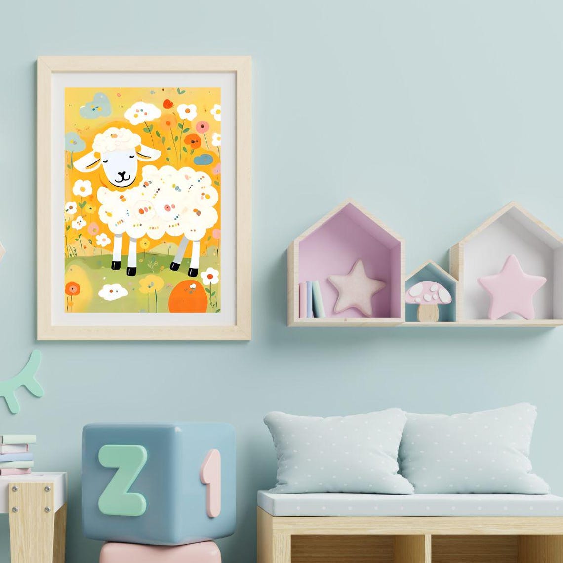 Cute Fluffy Sheep Flower Field Kids Nursery Farm Animal Wall Art Print - Image 3