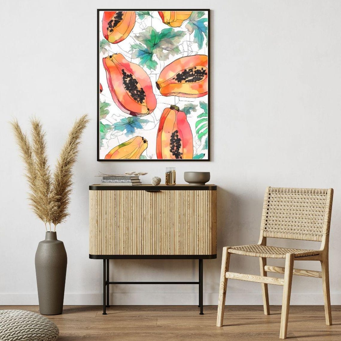 Papaya Watercolor Fruit Pattern Tropical Orange Kitchen Art Print - Image 2