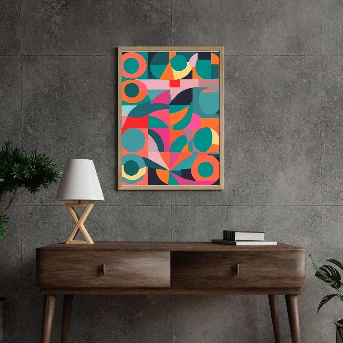 Mid Century Geometric Circles Teal Orange Pink Retro Modern Art Print - Image 2