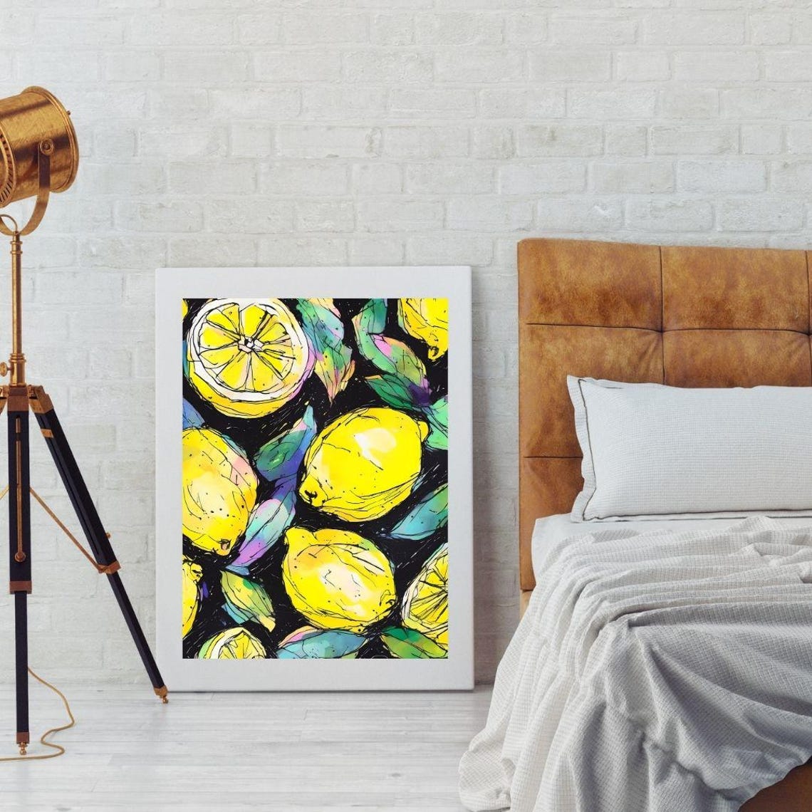 Yellow Lemon Watercolor Sketch Black Background Bold Citrus Art Print - Image 2