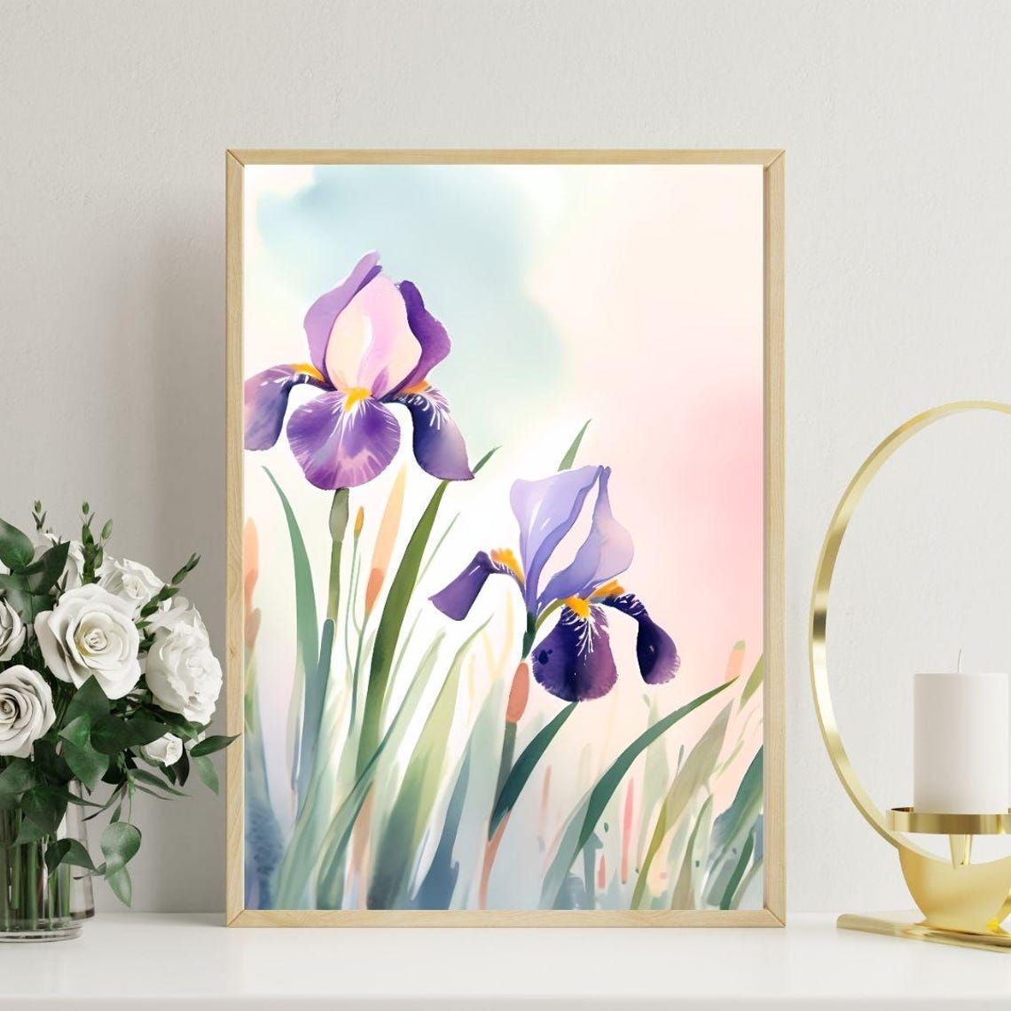Purple Iris Flowers Watercolor Pastel Botanical Elegant Wall Art Print - Image 3