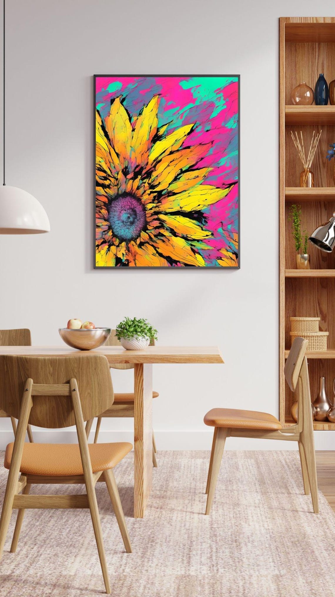 Neon Sunflower Pop Art Pink Teal Psychedelic Flower Wall Art Print - Image 3