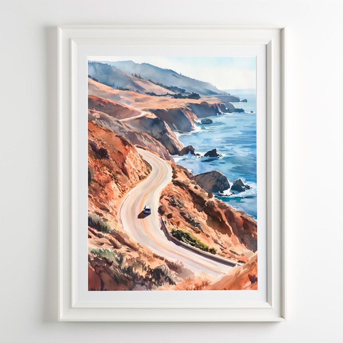 Pacific Coast Highway Winding Cliff Road Ocean View Watercolor Art Poster
