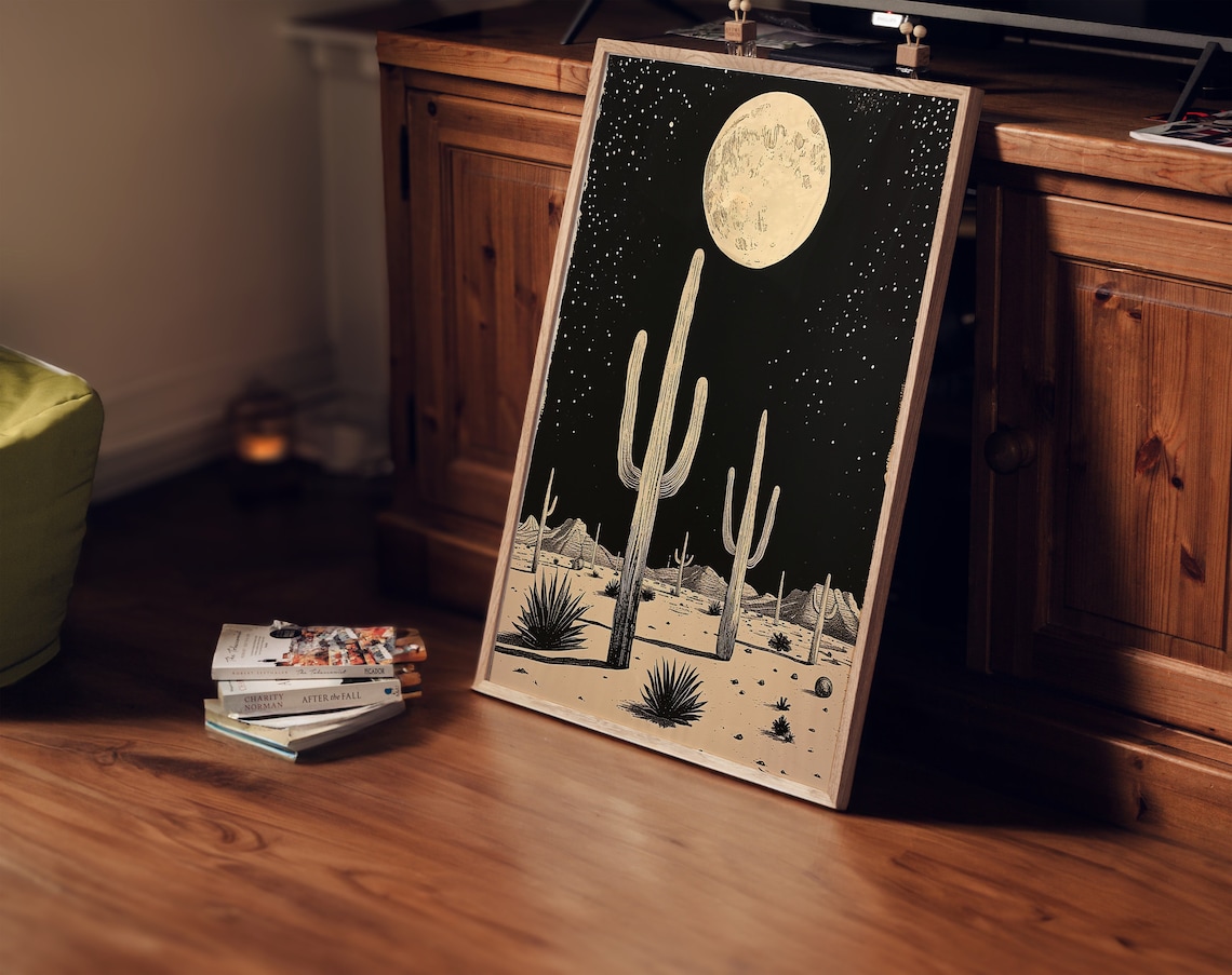 Cactus Under Moon, Minimalist Abstract Western Art - Image 2