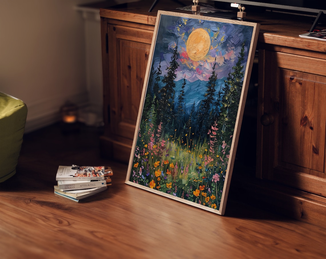 Moon Above Wildflowers and Woodland Art Print - Image 2