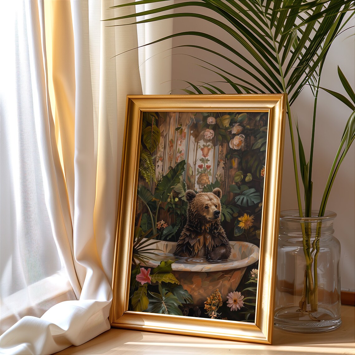 Brown Bear In Jungle Bathroom Wall Art Print - Image 3