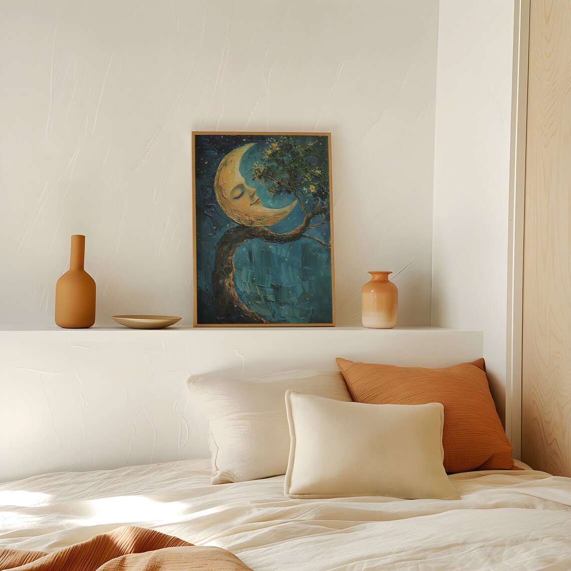 Moon Resting On Tree Branch, Celestial Bedroom Art Print - Image 2