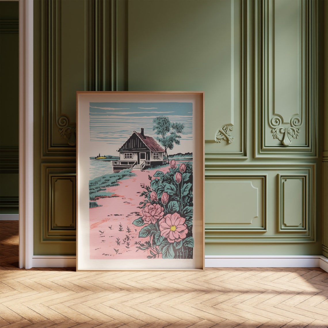 Cottagecore Cottage by the Water With Big Pink Flowers Art Print - Image 3
