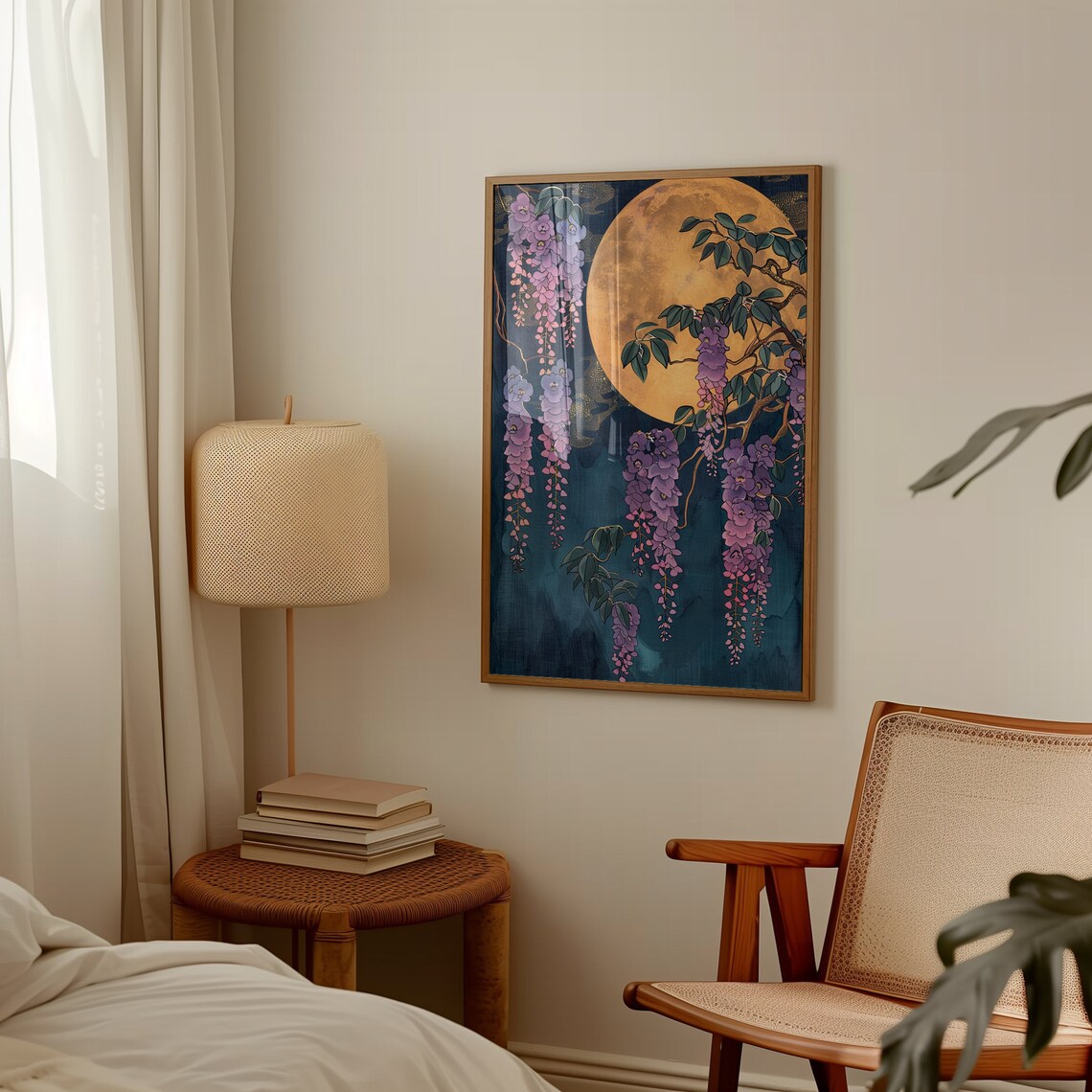 Full Moon And Wisteria, Cottagecore Wall Art Print - Image 3