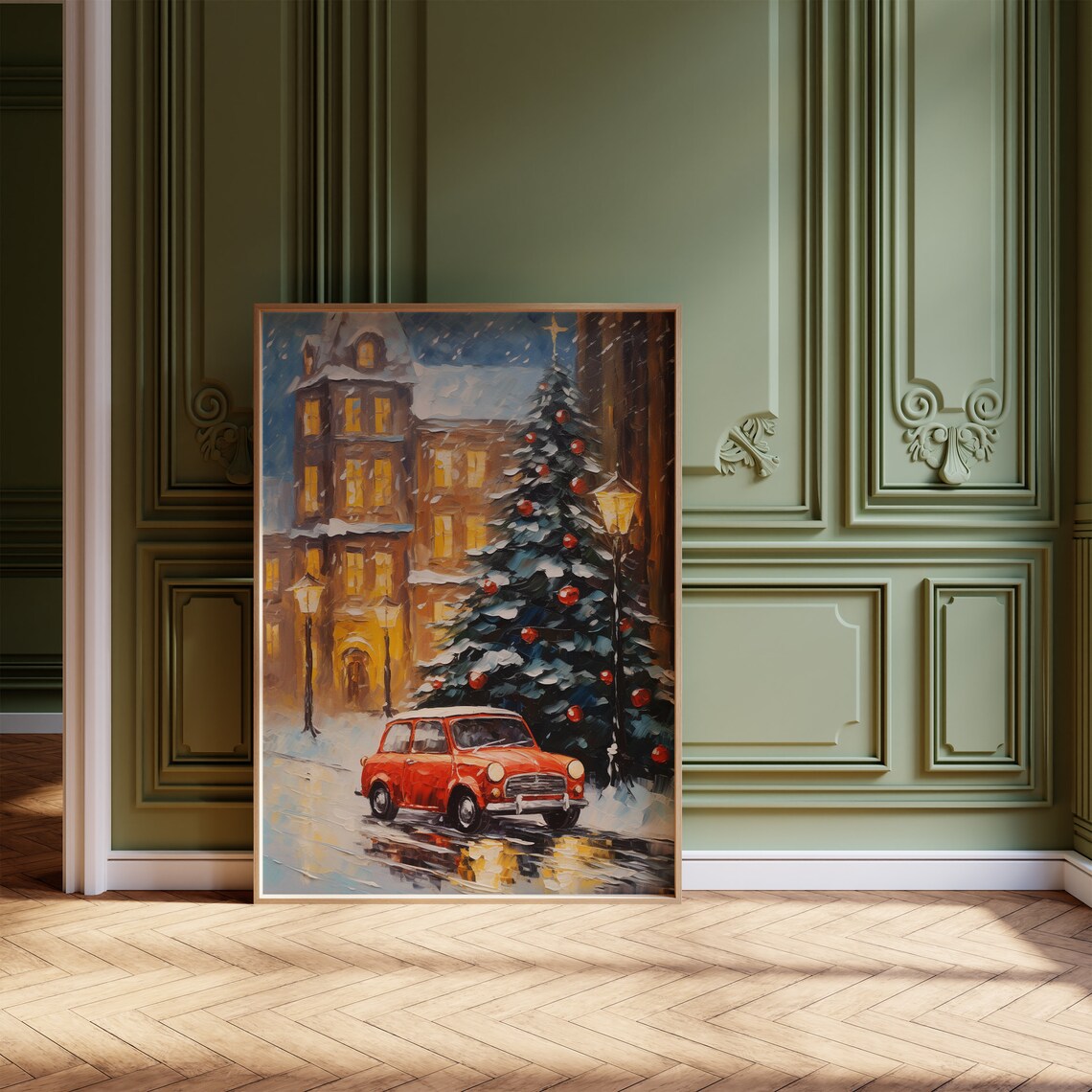 Snowy Christmas City Street Red Car and Decorated Tree Art Print - Image 2