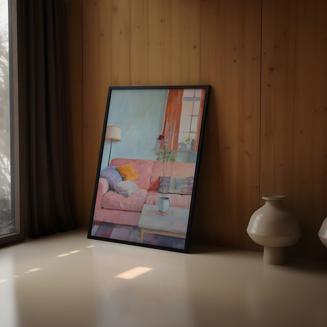 Cozy 1970s Style Pastel Living Room Pink Sofa Retro Art Print - Image 3