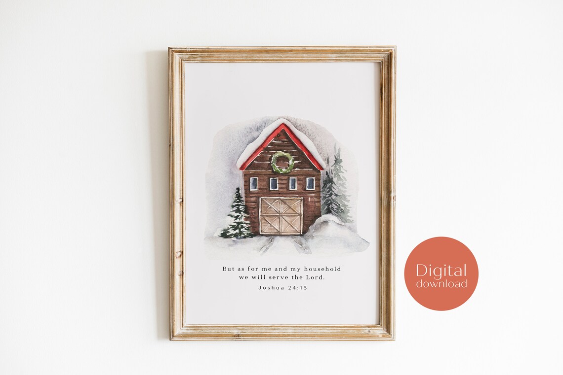 Joshua 24:15 We Will Serve the Lord Snowy Christmas Cabin Poster - Image 3