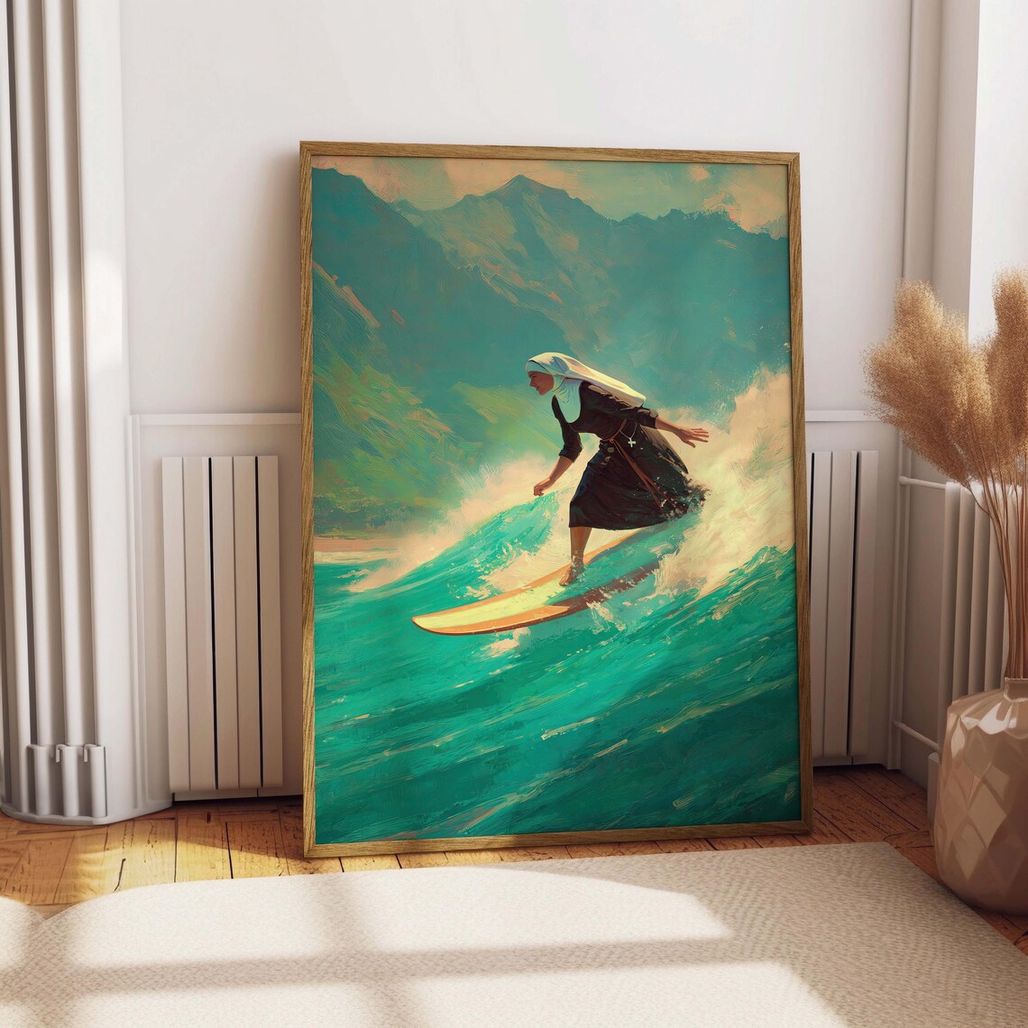 Surfing Nun, Quirky Humor Surf Illustration