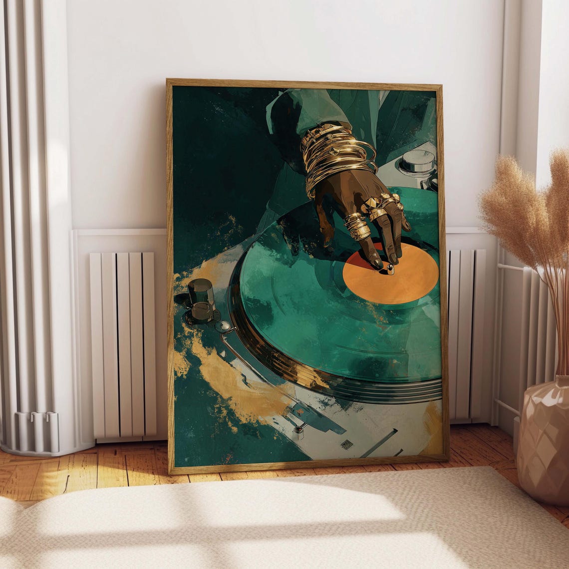 DJ Hand on Turntable Vinyl Record Gold Jewelry Music Art Poster
