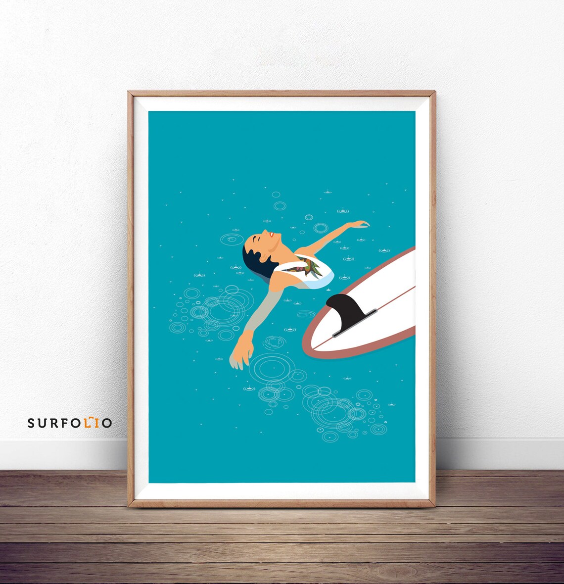 Woman Floating Beside Surfboard Ocean Illustration Poster Teal Blue Art