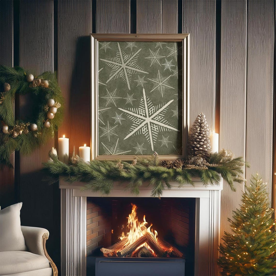 Vintage Sage Green Star and Snowflake Pattern Christmas Wall Art - Image 3