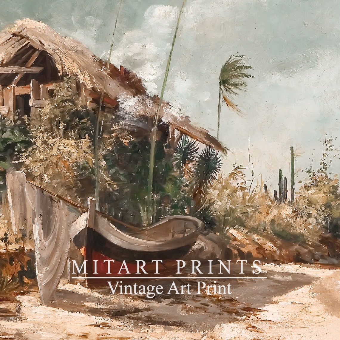 Vintage Tropical Seaside Painting Thatched Hut Fishing Boat Poster - Image 4