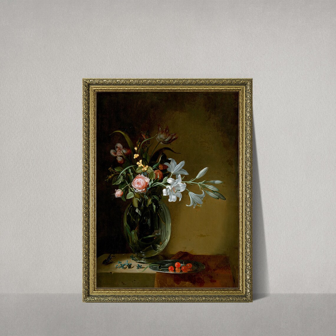 Dark Vintage Floral Still Life Roses Lilies in Glass Vase Poster - Image 2