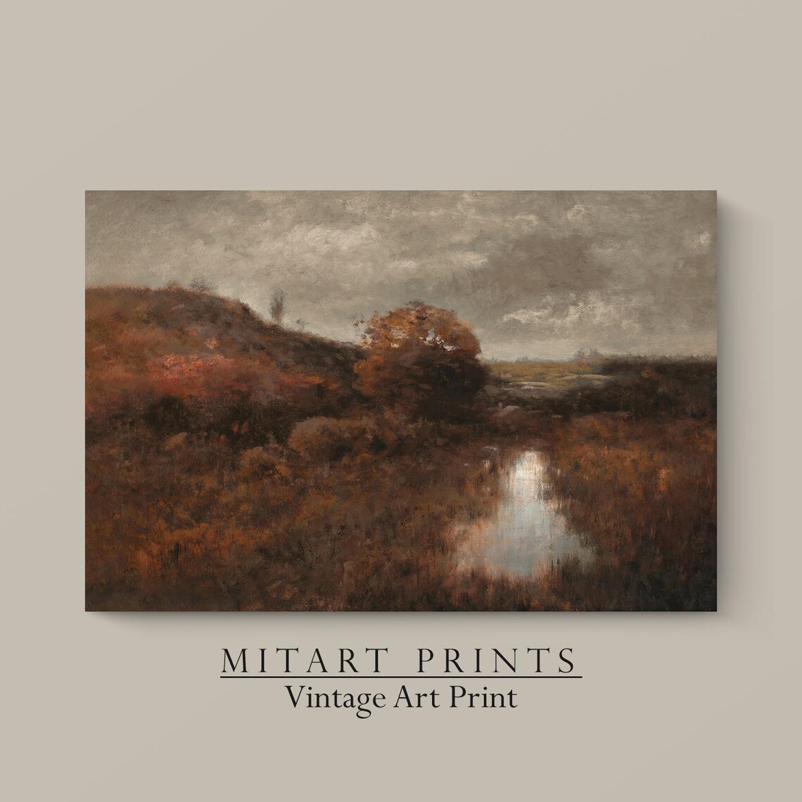 Moody Autumn Marsh Landscape Dark Vintage Oil Painting Art Print - Image 2