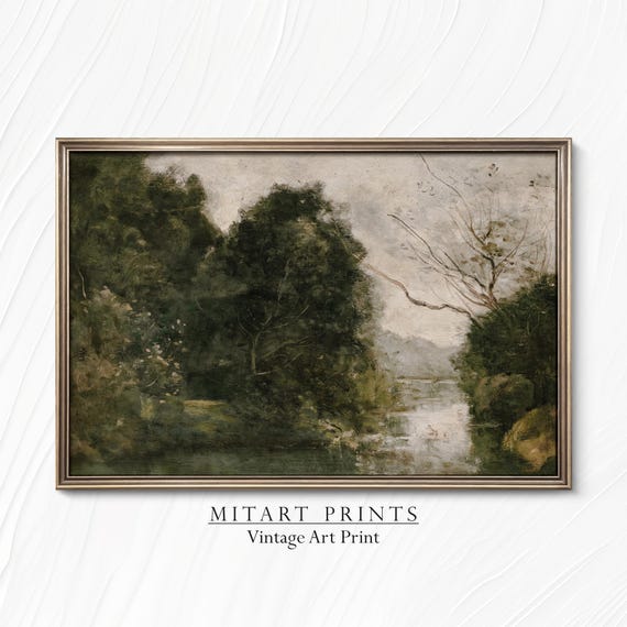 Landscape Lake Wall Art Vintage Muted Landscape Painting Rustic Farmhouse Art Print European Print 24 43