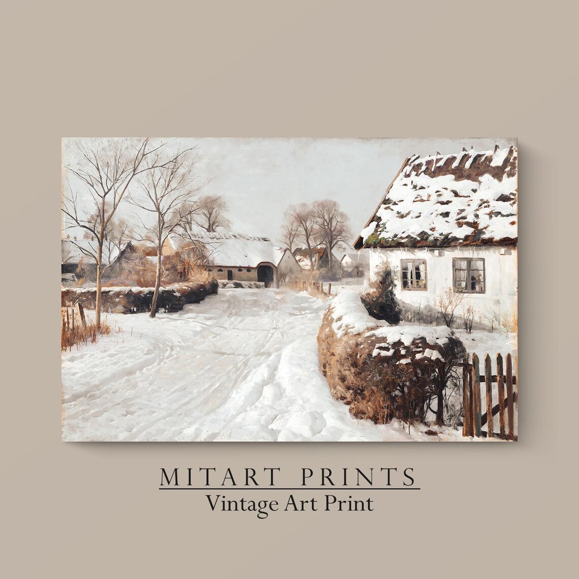 Snow Covered Farm Village With Thatched Cottages Winter Art Print - Image 4