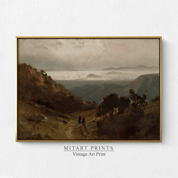 Muted Autumn Valley Landscape Two Figures Walking Hills Oil Painting Poster