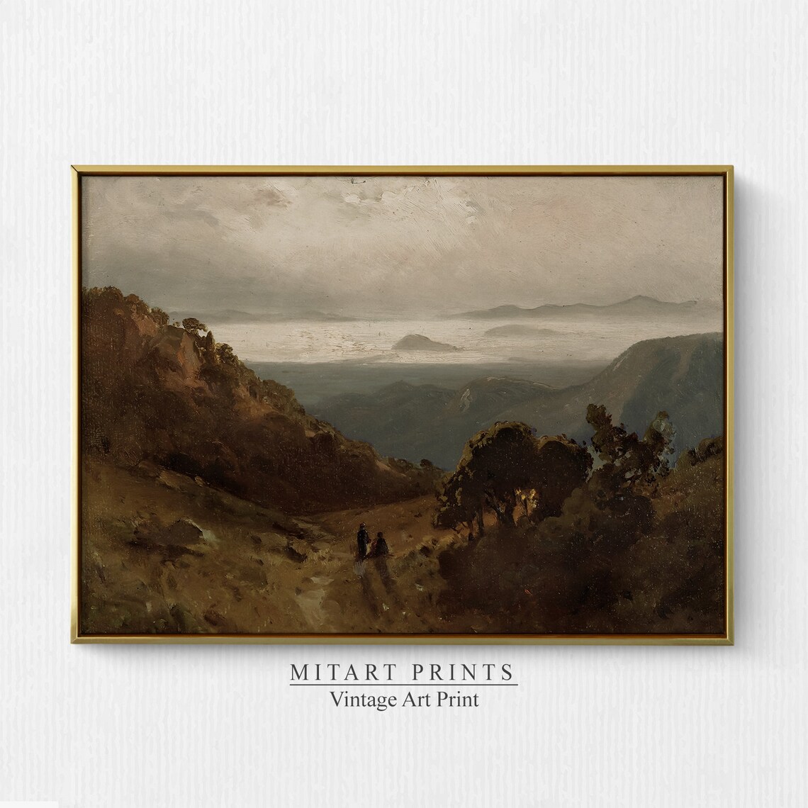 Muted Autumn Valley Landscape Two Figures Walking Hills Oil Painting Poster