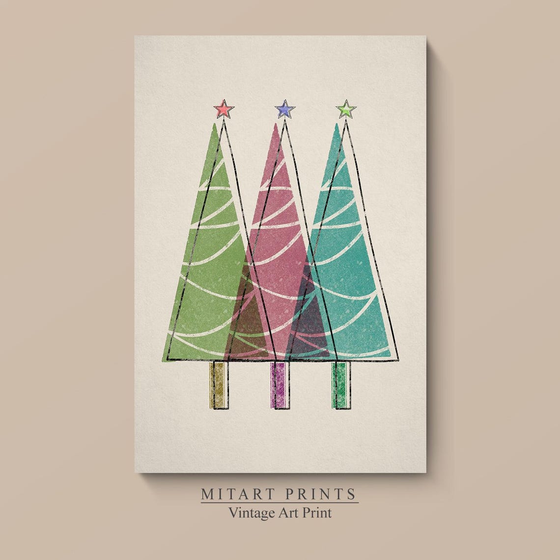 Three Overlapping Watercolor Christmas Trees Pastel Art Print - Image 4