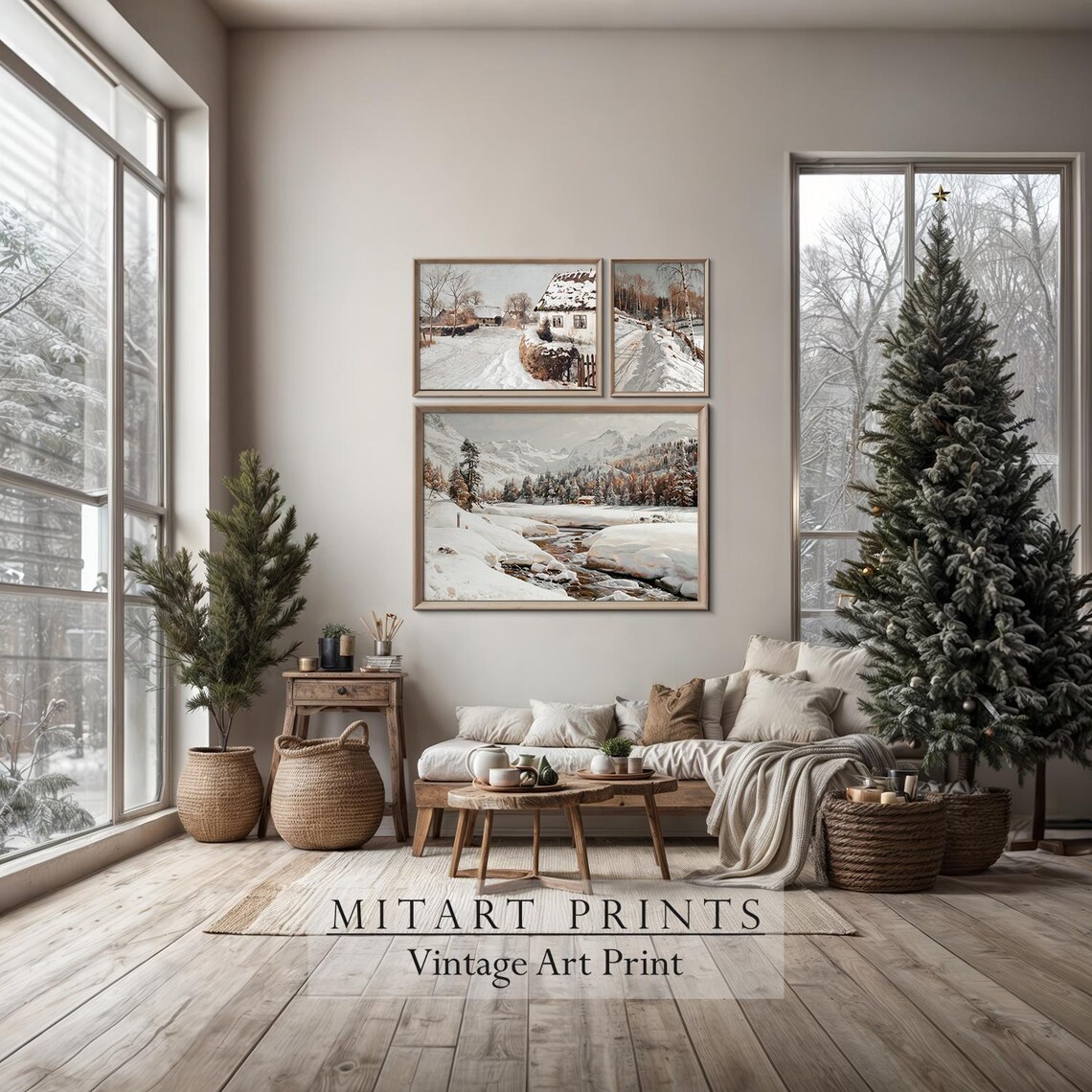 Set of Three Vintage Winter Landscape Prints Gallery Wall Art - Image 5