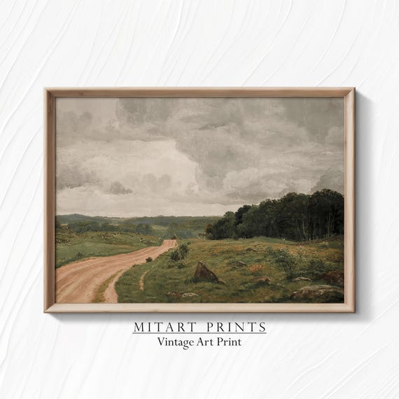 Country Vintage Landscape Oil Painting Art Print Rustic Farmhouse Wall Art Antique Country Print Print 24 45