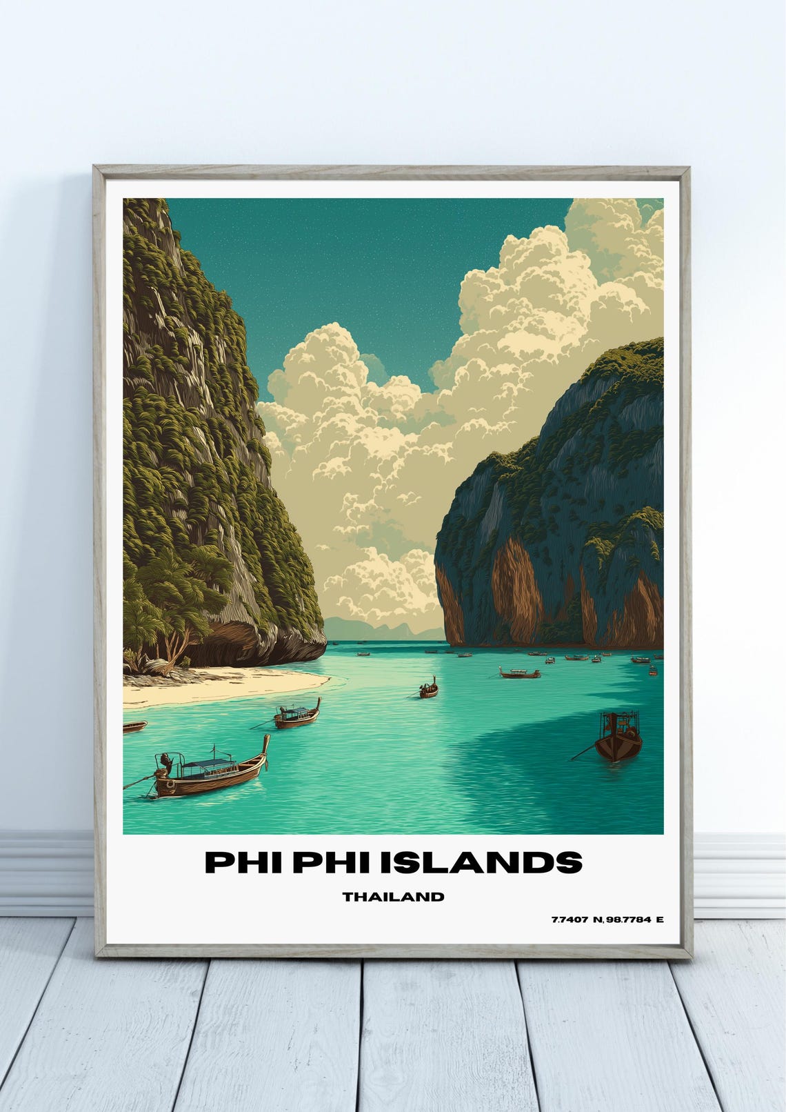 Phi Phi Islands Thailand Beach Travel Poster with Limestone Cliffs