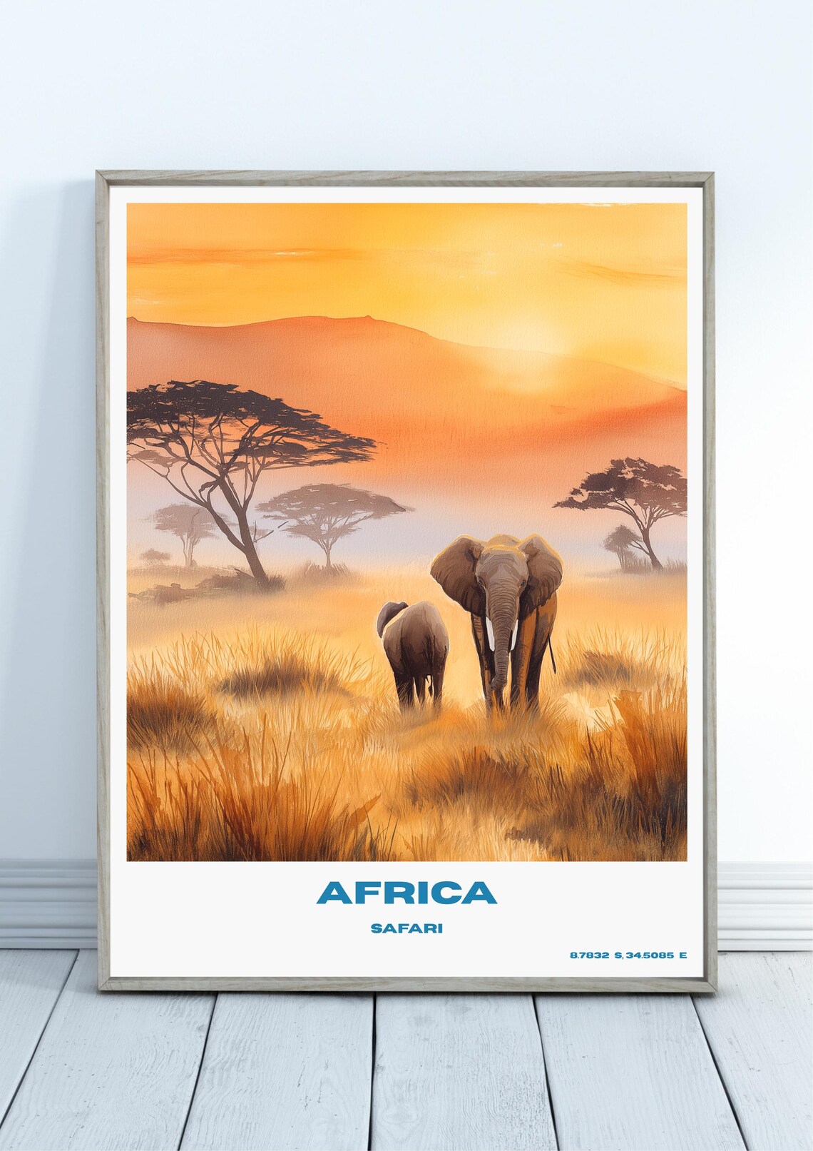 Majestic Africa Safari Elephants Savanna Sunset Travel Poster