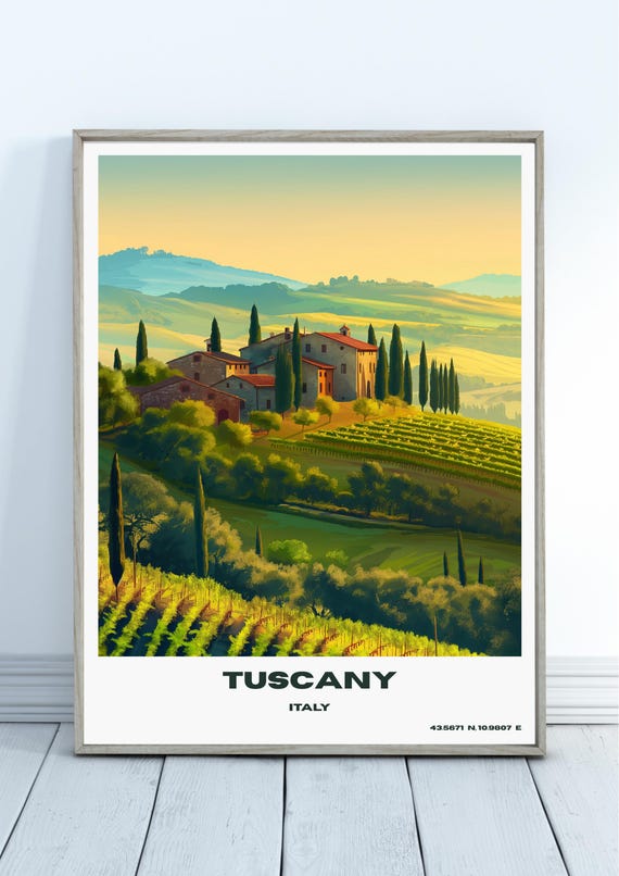 Tuscany Travel Print Wall Art Italy Poster Lovers Gift Vineyard Retro