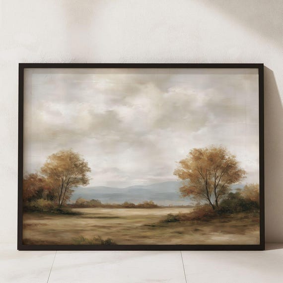 Vintage Autumn Landscape Print Rustic Golden Meadow