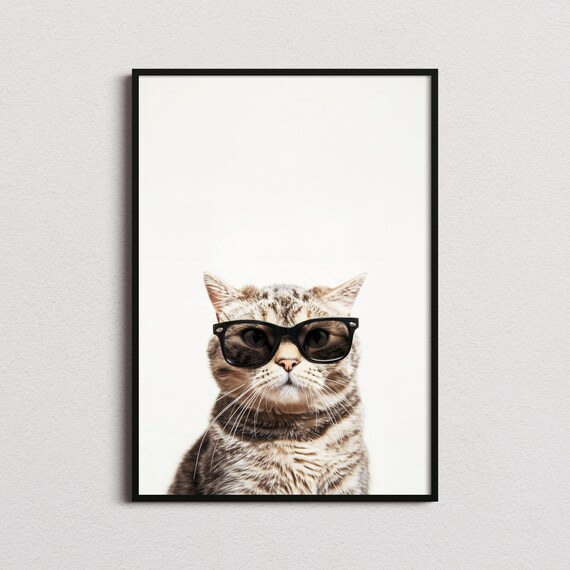 Gray Tabby Cat Wearing Sunglasses Cute Cool Feline Portrait Poster