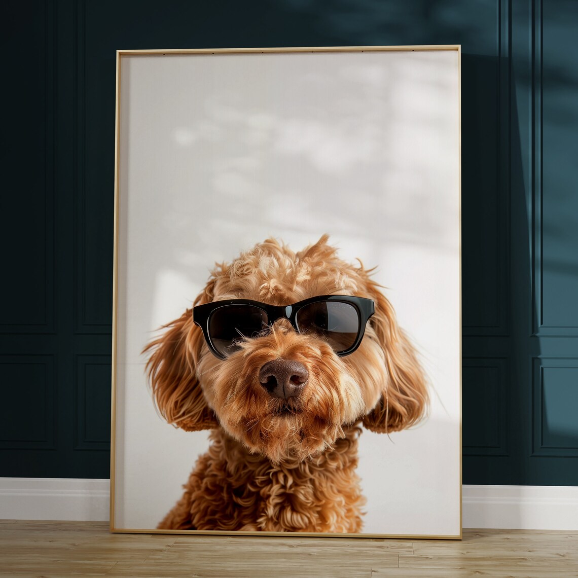Curly Goldendoodle Puppy in Sunglasses Adorable Dog Portrait Poster - Image 2