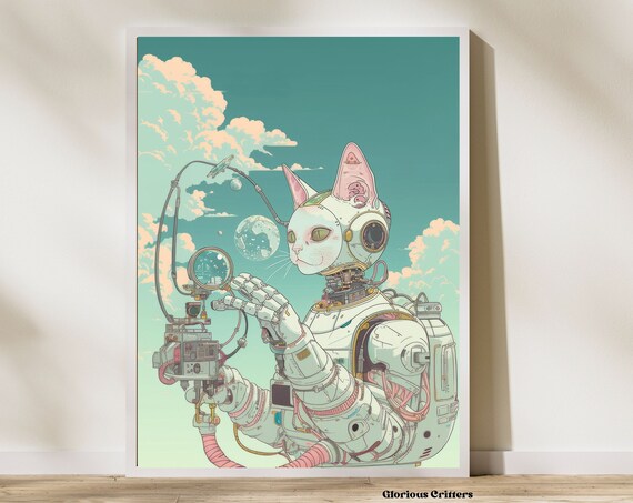 Robot Cat Astronaut Teal Sky Cosmic Illustration Art Poster Design