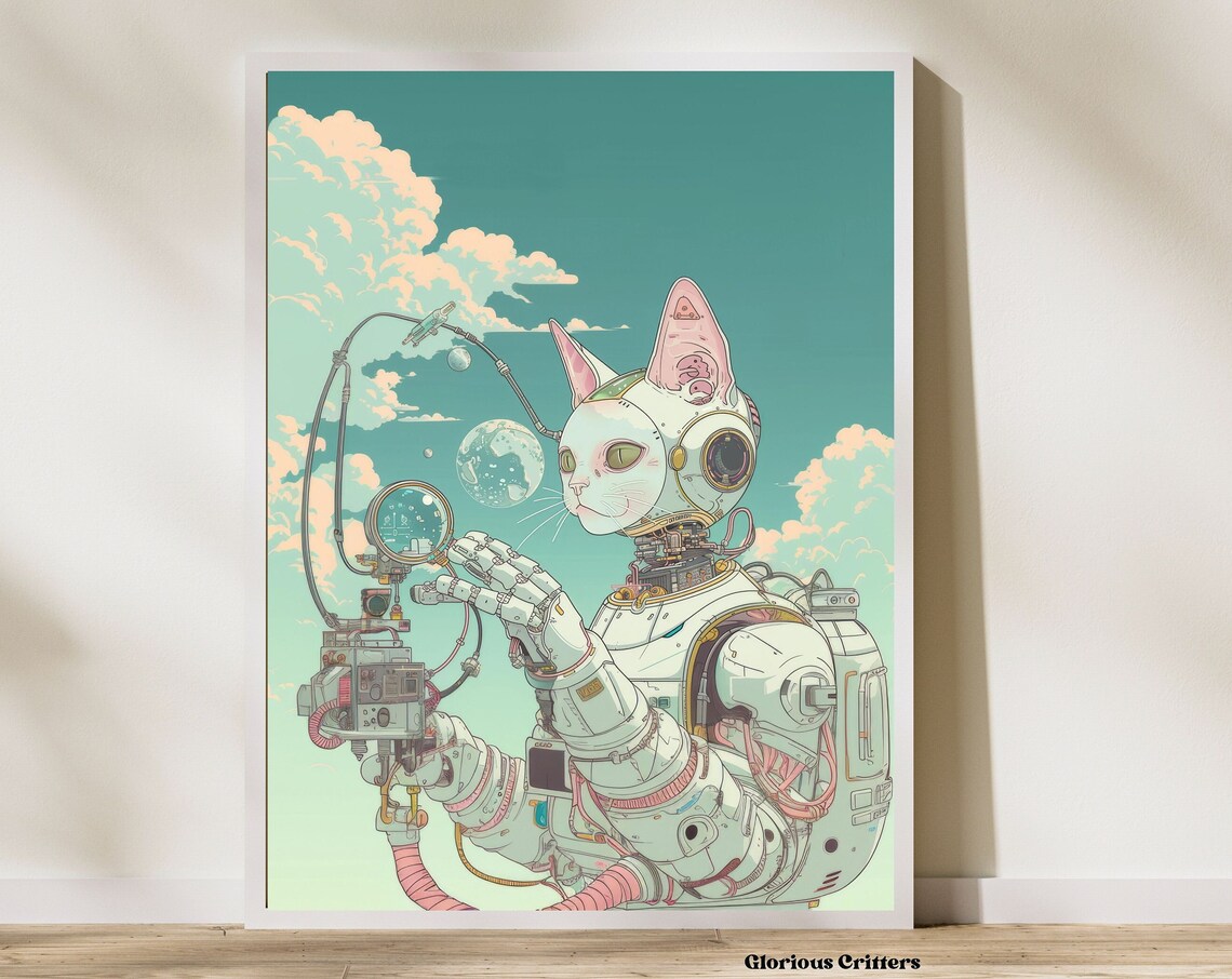 Robot Cat Astronaut Teal Sky Cosmic Illustration Art Poster Design