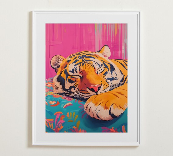 Sleeping Tiger On Colorful Bedding Pop Art Jungle Animal Poster