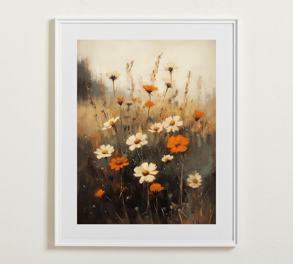Wildflower Field Moody White Orange Blooms Dark Painterly Floral Meadow Poster