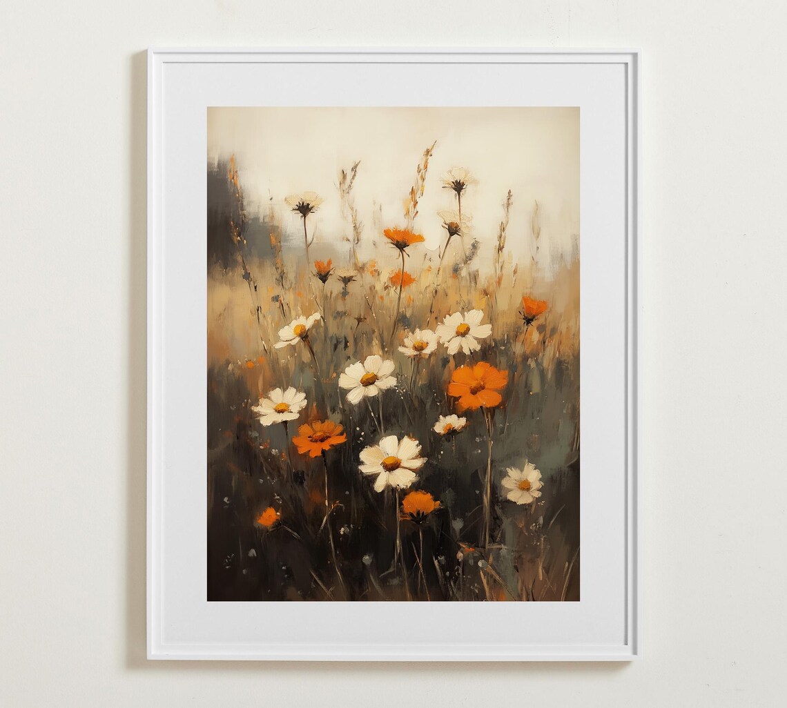Wildflower Field Moody White Orange Blooms Dark Painterly Floral Meadow Poster